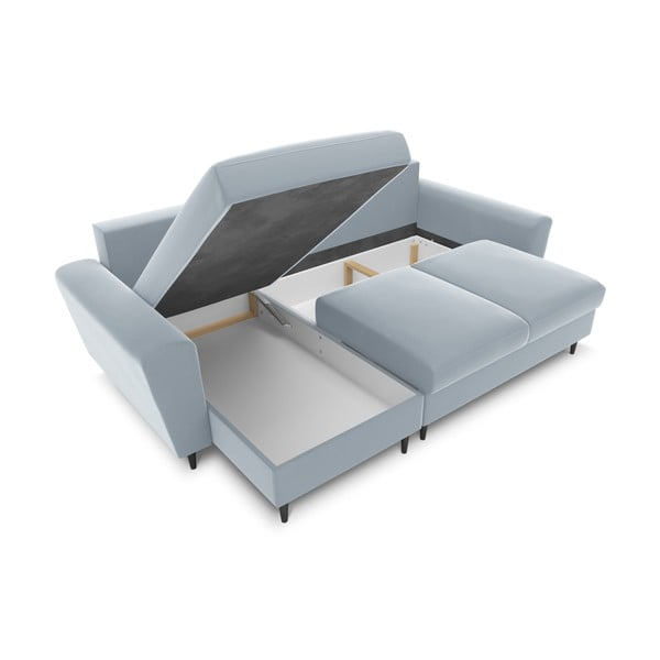 Világoskék bársony kinyitható tárolóhelyes sarokkanapé Kyoto – Cosmopolitan Design-image-2