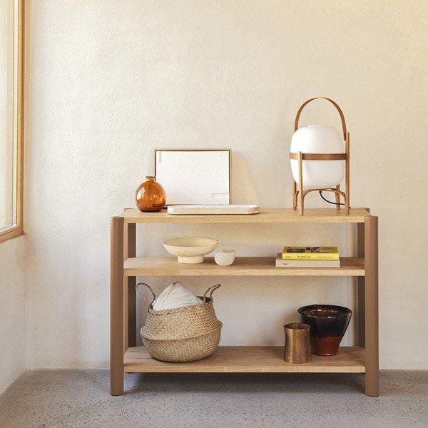 Téglavörös-világos natúr színű polcos állvány tölgyfa dekorral 126x84x43 cm Bona – Teulat-image-1