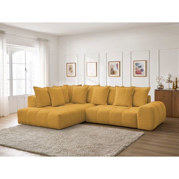 Mustársárga zsenília kinyitható-tárolóhelyes sarokkanapé (bal oldali-L alakú) Everest – Bobochic Paris-image-1