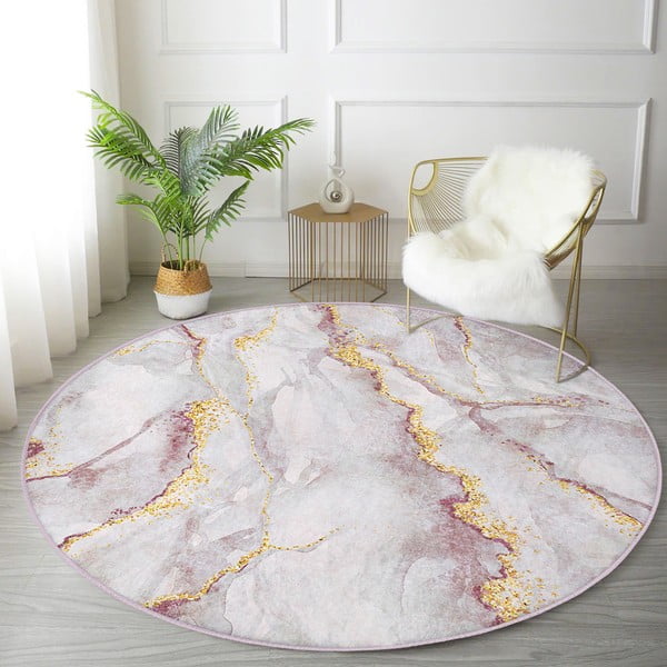 Világos rózsaszín-aranyszínű mosható kerek szőnyeg ø 80 cm Marble – Mila Home-image-1