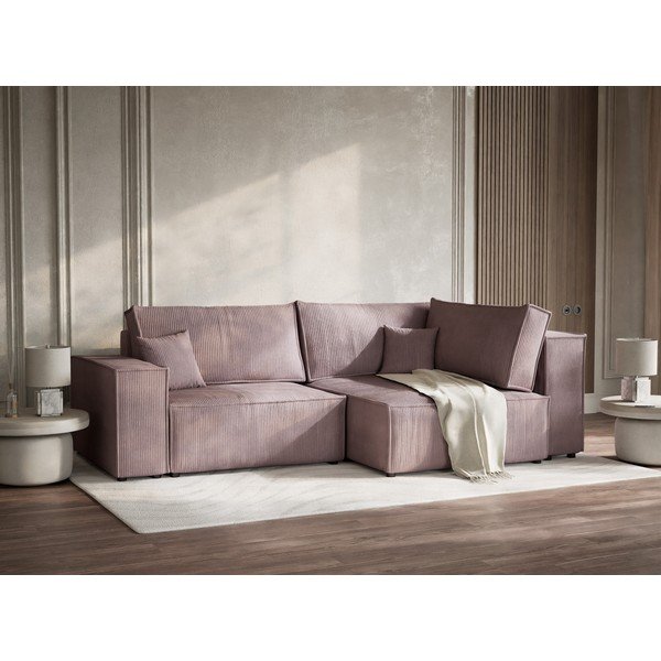 Lila kordbársony kinyitható-tárolóhelyes sarokkanapé (jobb oldali-L alakú) Tonga – Maison de Rêve-image-4