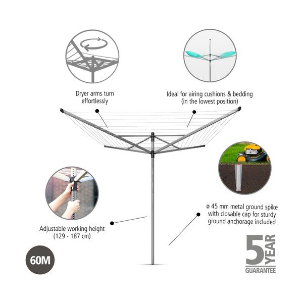 Ezüstszínű kerti ruhaszárító 60 m Lift-O-Matic – Brabantia-image-3