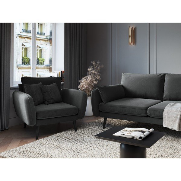 Lento sötétszürke bársony fotel fekete lábakkal - Kooko Home-image-1
