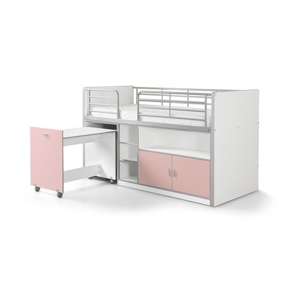 Bonny fehér-rózsaszín emeletes ágy kihúzható asztallal és tárolóval, 200 x 90 cm - Vipack