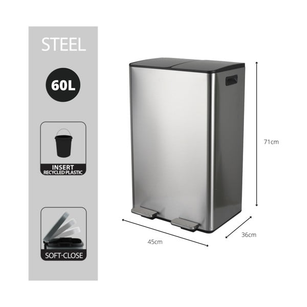 Matt ezüstszínű acél szelektív pedálos szemetes 2x30 l   Aliya – Spirella-image-4