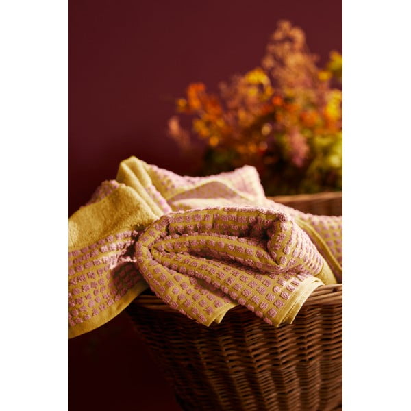 Sárga-rózsaszín frottír bio pamut törölköző 50x100 cm Check – JUNA-image-3