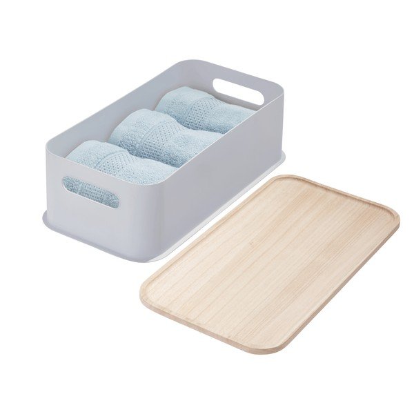 Eco Handled szürke tárolódoboz paulownia fa fedéllel, 21,3 x 43 cm - iDesign-image-4