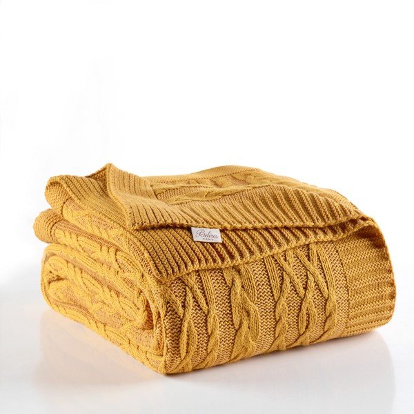 Knit mustársárga pamut ágytakaró, 220 x 240 cm - Homemania Decor-image-1