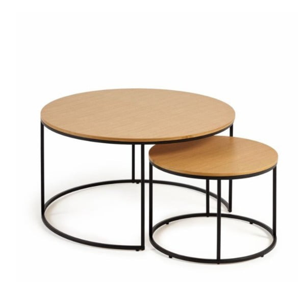 Kerek dohányzóasztal szett tölgyfa dekoros asztallappal, 2 db-os ø 80 cm Yona - Kave Home