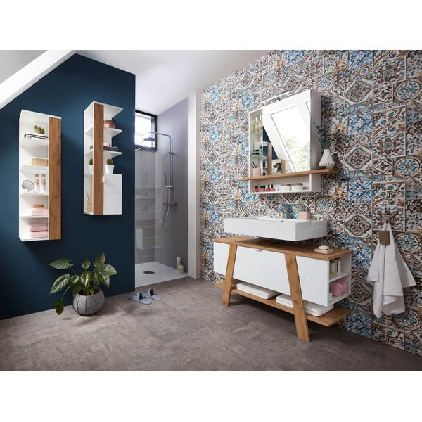 Novolino fehér mosdókagyló alatti szekrény tölgyfa dekorral, 111x67 cm - Germania-image-1