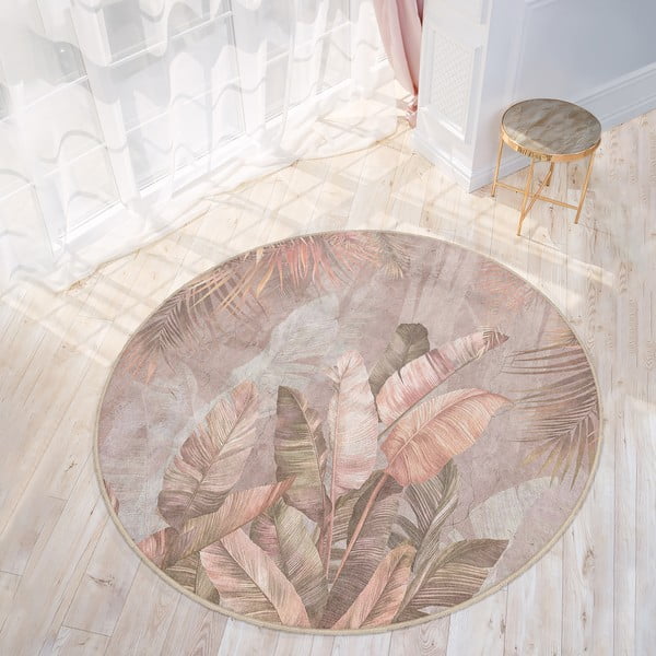 Világos rózsaszín mosható kerek szőnyeg ø 120 cm Dusty Leaves – Mila Home-image-2