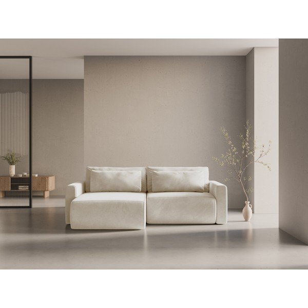 Bézs bársony kinyitható tárolóhelyes sarokkanapé Belfast – Cosmopolitan Design-image-1