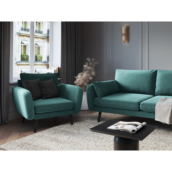 Lento petróleumkék bársony fotel fekete lábakkal - Kooko Home-image-1