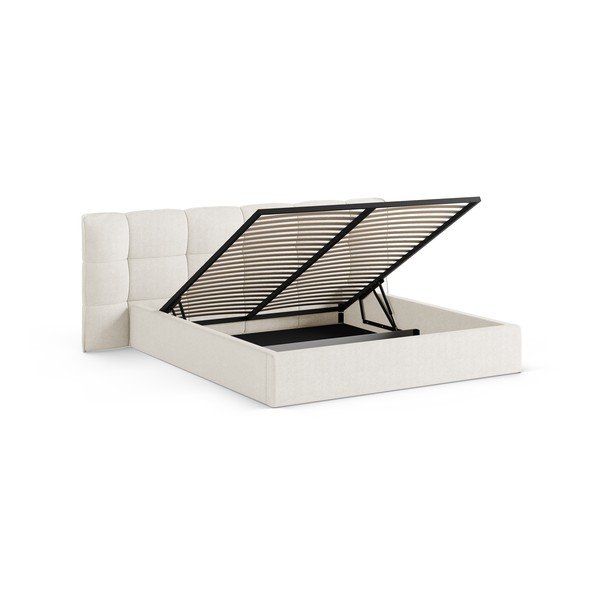 Elefántcsont színű kárpitozott ágyneműtartós franciaágy ágyráccsal 140x200 cm Eric – Micadoni -image-2