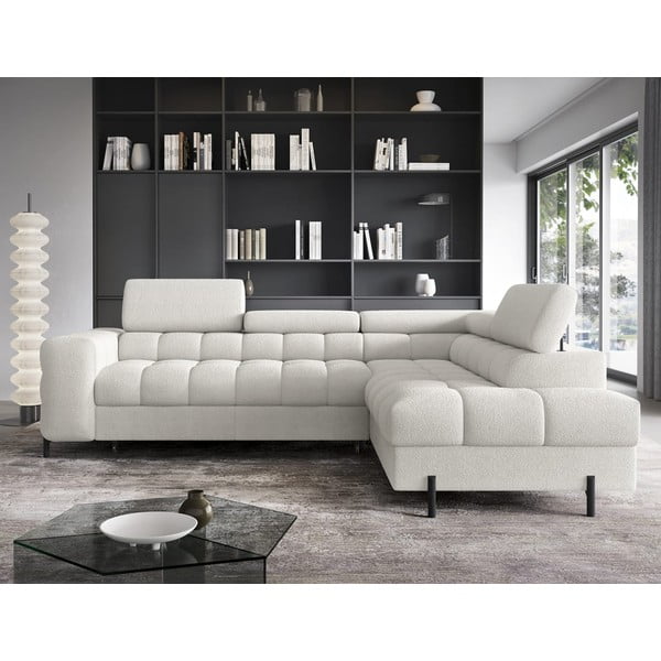 Krémszínű buklé kinyitható-tárolóhelyes sarokkanapé (jobb oldali-L alakú) Ferucce – ELTAP-image-1