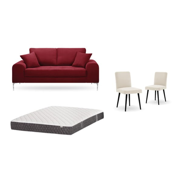 Piros, kétszemélyes kanapé, 2 db krémszínű szék, matrac (140 x 200 cm) szett - Home Essentials