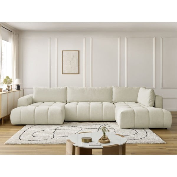 Bézs kinyitható-tárolóhelyes sarokkanapé (jobb oldali-U alakú) Fuji – Bobochic Paris-image-1