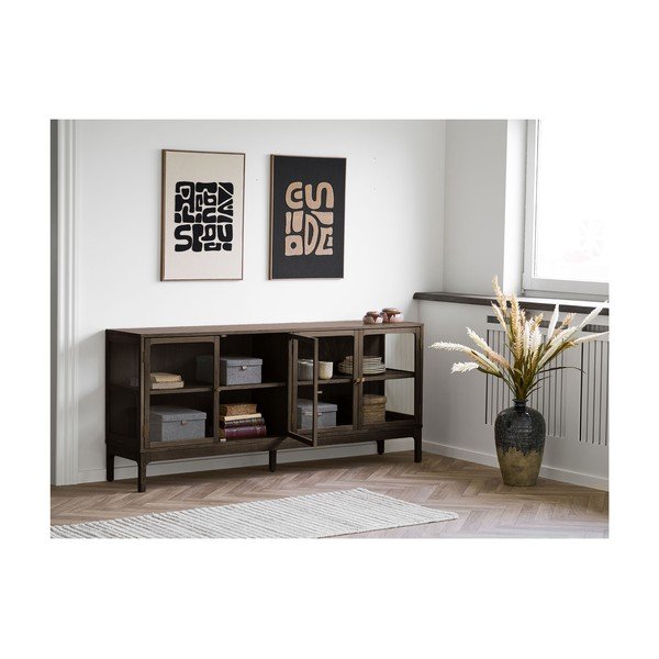 Sötétbarna tálalószekrény tölgyfa dekorral 180x80x40 cm Zamora – House Nordic-image-1