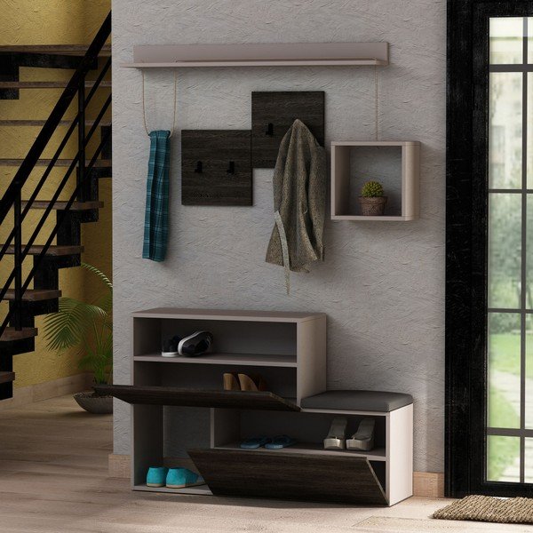Holdon sötétszürke cipősszekrény / pad és fali akasztó szett polccal - Homitis-image-2