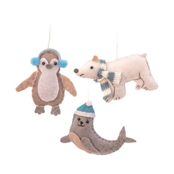 Textil kézzel készített karácsonyfadísz készlet 3 db-os 6 cm Arctic Animals – Sass & Belle