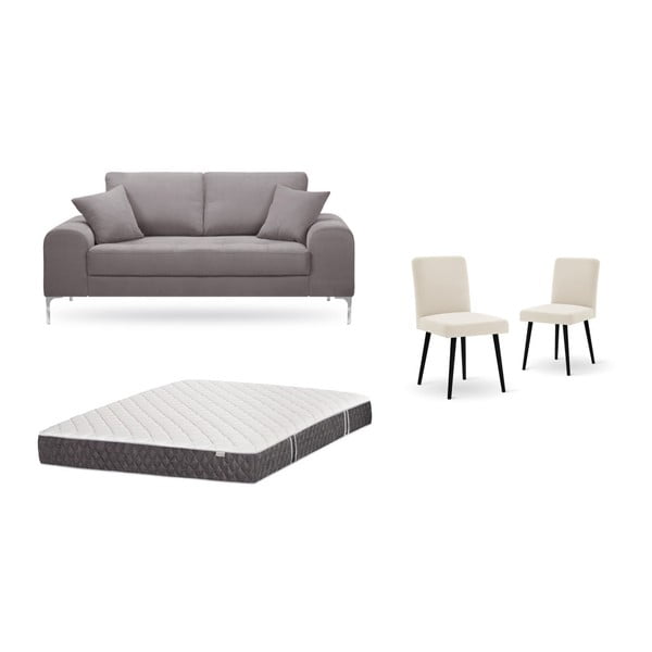 Barna, kétszemélyes kanapé, 2 db krémszínű szék, matrac (140 x 200 cm) szett - Home Essentials