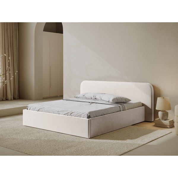 Elefántcsont színű kárpitozott ágyneműtartós franciaágy ágyráccsal 160x200 cm Elizabeth – Micadoni -image-1