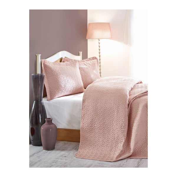 Vilim egyszemélyes rózsaszín szteppelt ágytakaró és párna szett, 180 x 240 cm
