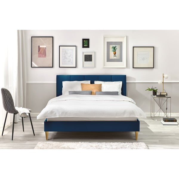 Kék kárpitozott franciaágy ágyráccsal 180x200 cm Vivara – Bobochic Paris-image-4