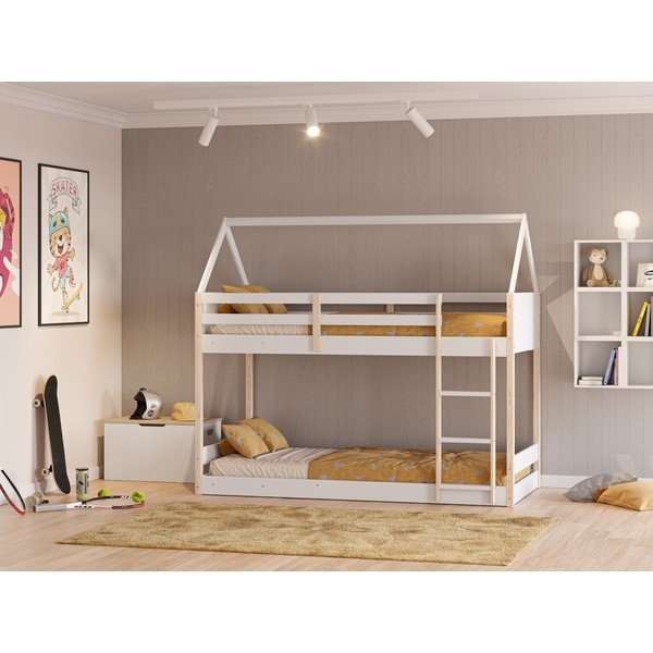 Fehér-natúr színű házikó alakú emeletes gyerekágy 90x190 cm Valka – Marckeric-image-1