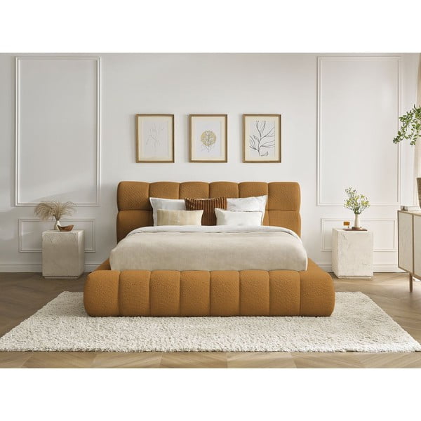 Mustársárga kárpitozott ágyneműtartós franciaágy ágyráccsal 160x200 cm Mont Blanc – Bobochic Paris-image-1