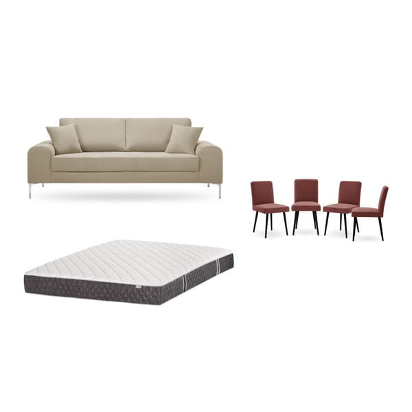 Szürkésbézs, háromszemélyes kanapé, 4 db téglapiros szék, matrac (160 x 200 cm) szett - Home Essentials
