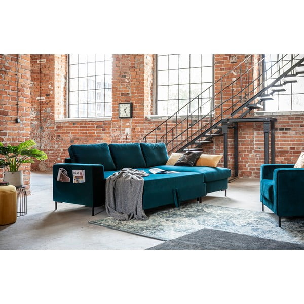 Petróleumkék bársony kinyitható sarokkanapé (jobb oldali) Lofty Lilly – Miuform-image-4
