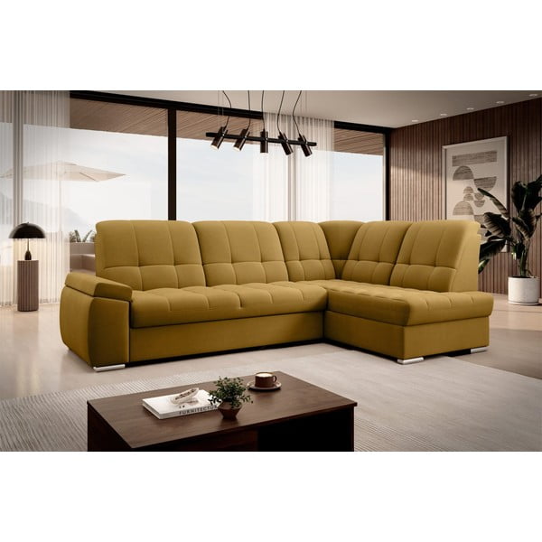 Sárga bársony kinyitható-tárolóhelyes sarokkanapé (jobb oldali-L alakú) Sado – ELTAP-image-4