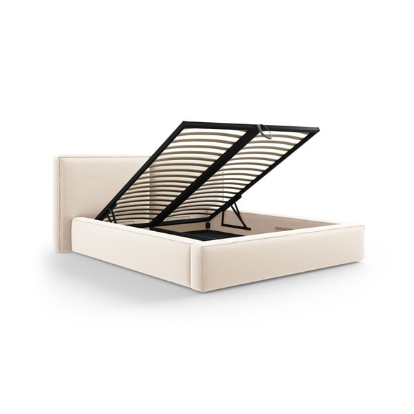 Krémszínű bársony kárpitozott ágyneműtartós franciaágy ágyráccsal 180x200 cm Arendal – Cosmopolitan Design-image-2