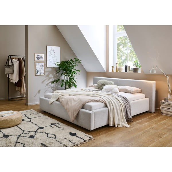 Világosszürke kárpitozott ágyneműtartós franciaágy ágyráccsal 160x200 cm Cube – Meise Möbel-image-1