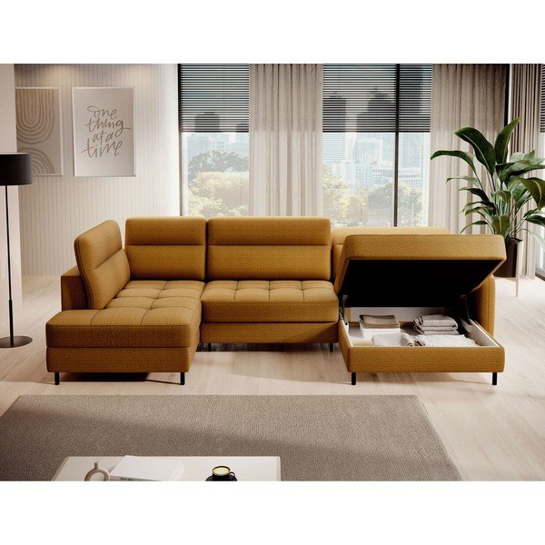 Sárga bársony kinyitható-tárolóhelyes sarokkanapé (bal oldali-U alakú) Berrto – ELTAP-image-3