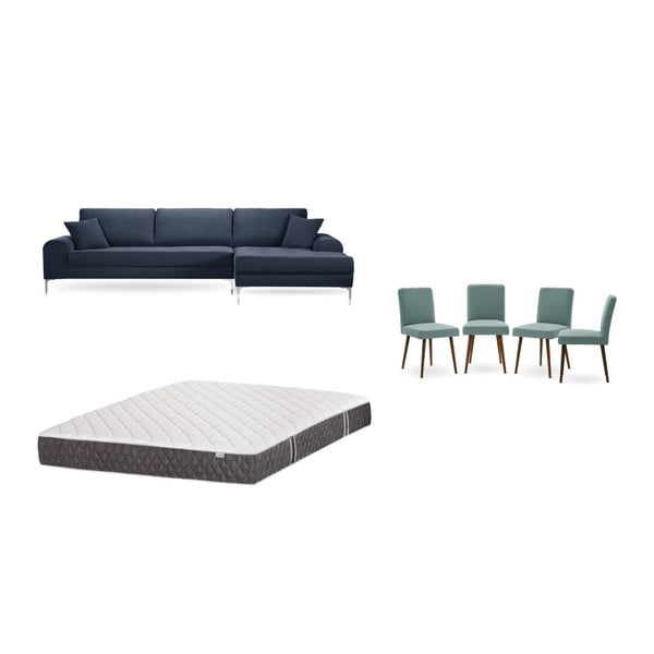 Sötétkék jobboldali sarokkanapé, 4 db szürkészöld szék, matrac (160 x 200 cm) szett - Home Essentials