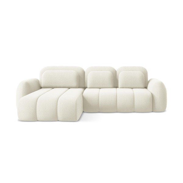 Bézs buklé kinyitható-tárolóhelyes sarokkanapé (bal oldali-heverő résszel) Pele – Makamii