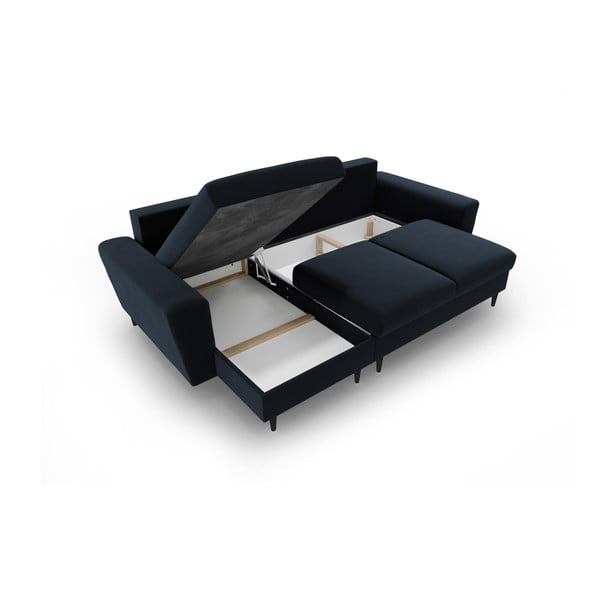 Sötétkék bársony kinyitható tárolóhelyes sarokkanapé Kyoto – Cosmopolitan Design-image-3