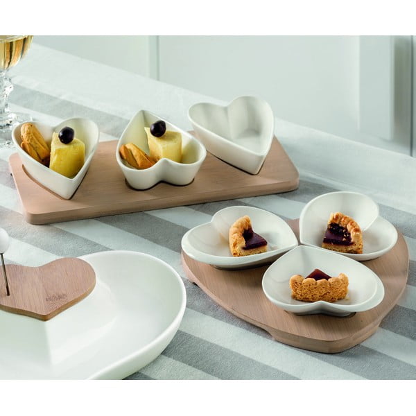 Hearts 3 db porcelán tálka, bambusz tálon - Brandani-image-1