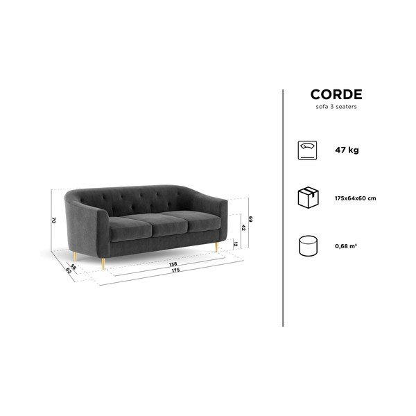 Corde piros bársony kanapé, 175 cm - Kooko Home-image-2