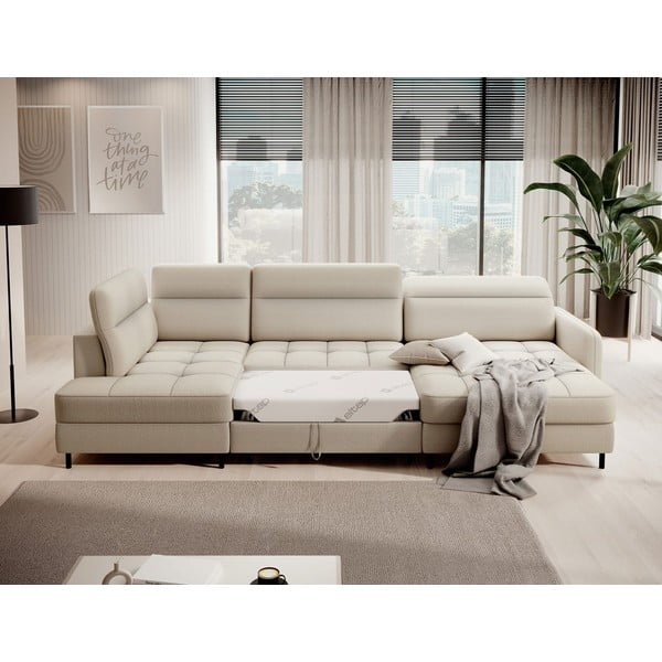 Bézs bársony kinyitható-tárolóhelyes sarokkanapé (bal oldali-U alakú) Berrto – ELTAP-image-4