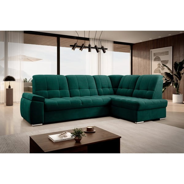 Zöld bársony kinyitható-tárolóhelyes sarokkanapé (jobb oldali-L alakú) Sado – ELTAP-image-4