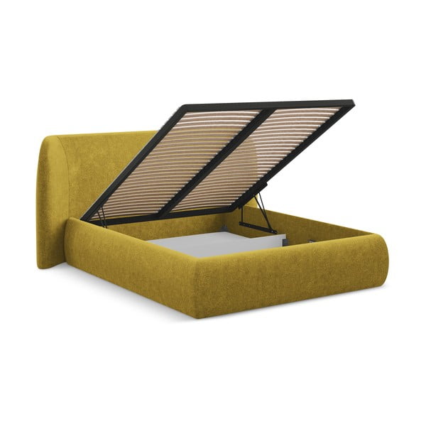 Mustársárga kárpitozott ágyneműtartós franciaágy ágyráccsal 160x200 cm Hauke – Makamii-image-2