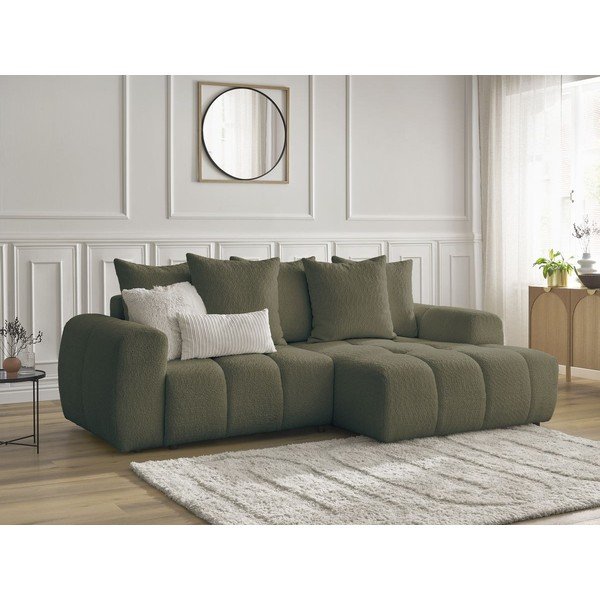 Khaki buklé kinyitható-tárolóhelyes sarokkanapé (jobb oldali-heverő résszel) Roxelane – Bobochic Paris-image-4