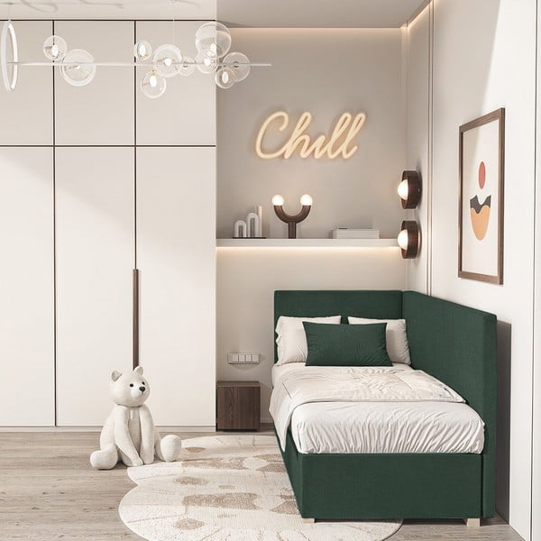 Sötétzöld sarok ágyneműtartós gyerekágy matraccal 90x200 cm Flexi – Ghado-image-1