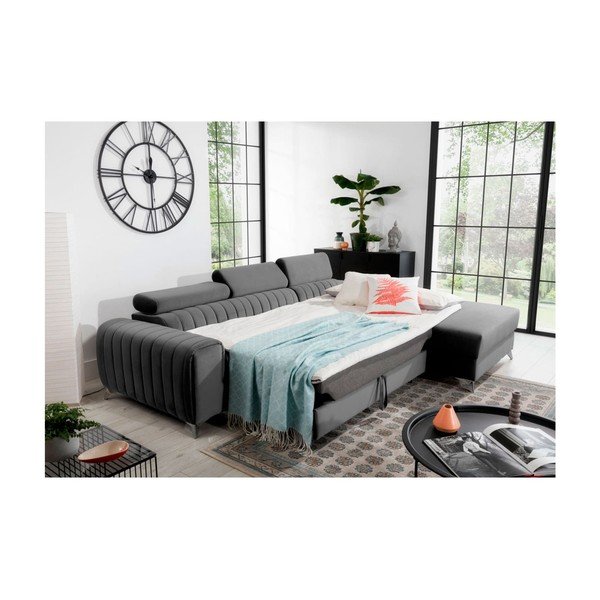 Sötétszürke bársony kinyitható-tárolóhelyes sarokkanapé (jobb oldali-heverő résszel) Grayson – ELTAP-image-4