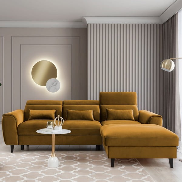 Sárga bársony kinyitható-tárolóhelyes sarokkanapé (jobb oldali-heverő résszel) Foble – ELTAP-image-1