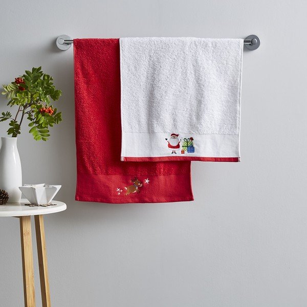 Piros-fehér pamut törölköző szett 2 db-os 40x60 cm Santa's Reindeers – Catherine Lansfield-image-1