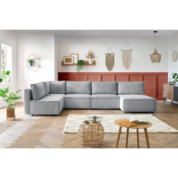 Világosszürke kordbársony sarokkanapé ("U" alakú-variálható) Nihad modular – Bobochic Paris-image-1